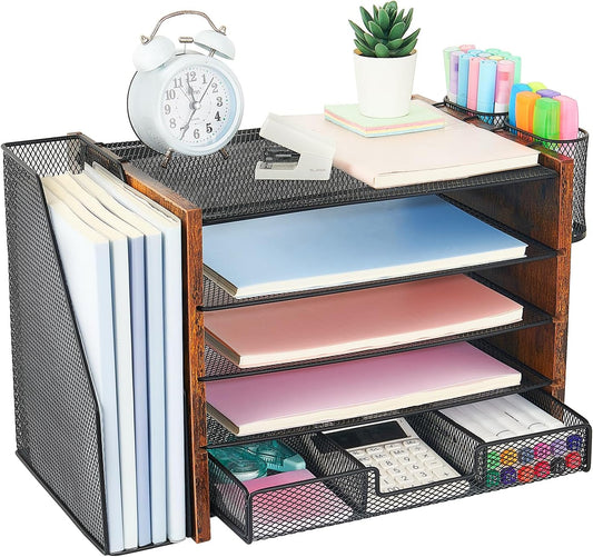 Wood Desk Organizers and Accessories with File Organizer, 5-Tier Paper Organizer with Drawer & Pen Holder, Office Desk Accessories, Workspace Desktop Storage for Office Supplies Organization（Brown）