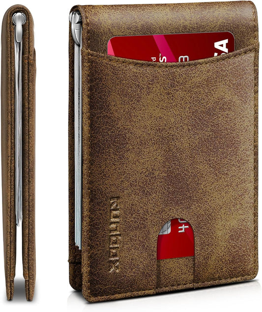Slim Wallet for Men Genuine Leather RFID Blocking Bifold Minimalist Front Pocket Mens Wallet with Money Clip Thin Gift Box