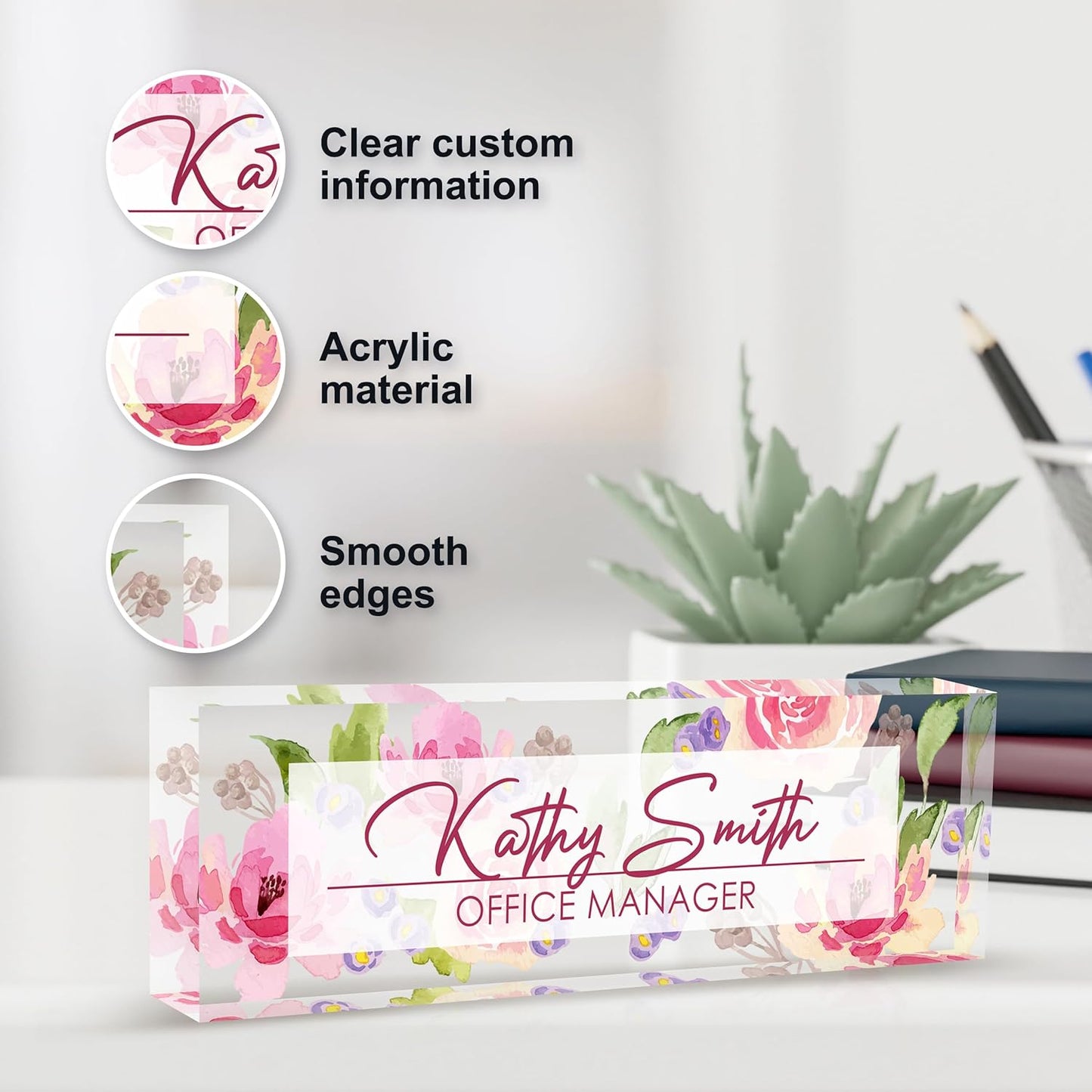 Personalized Name Plate for Desk, Custom Desk Name Plate, Acrylic Name Plate Office Desk Accessories, Personalized Office Gifts for Coworkers Teachers, Employee Appreciation Gifts (A-Watercolor)