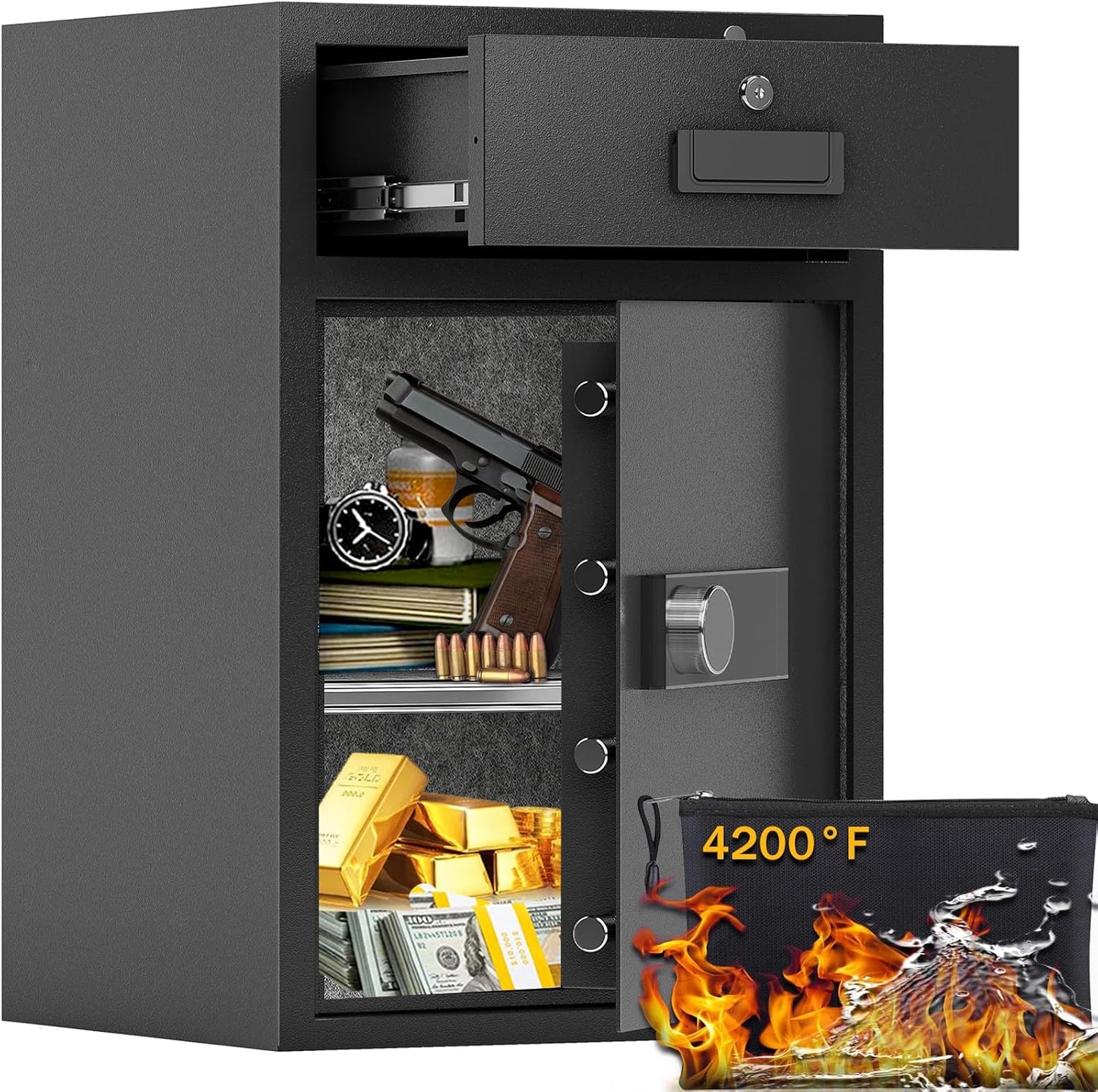 5.1Cuft Safe Box with Drawer Fireproof Waterproof Bag, 3 Unlock Methods, Vibration Alert & Silent Mode, M oney box Safe for Home, Office, Valuables