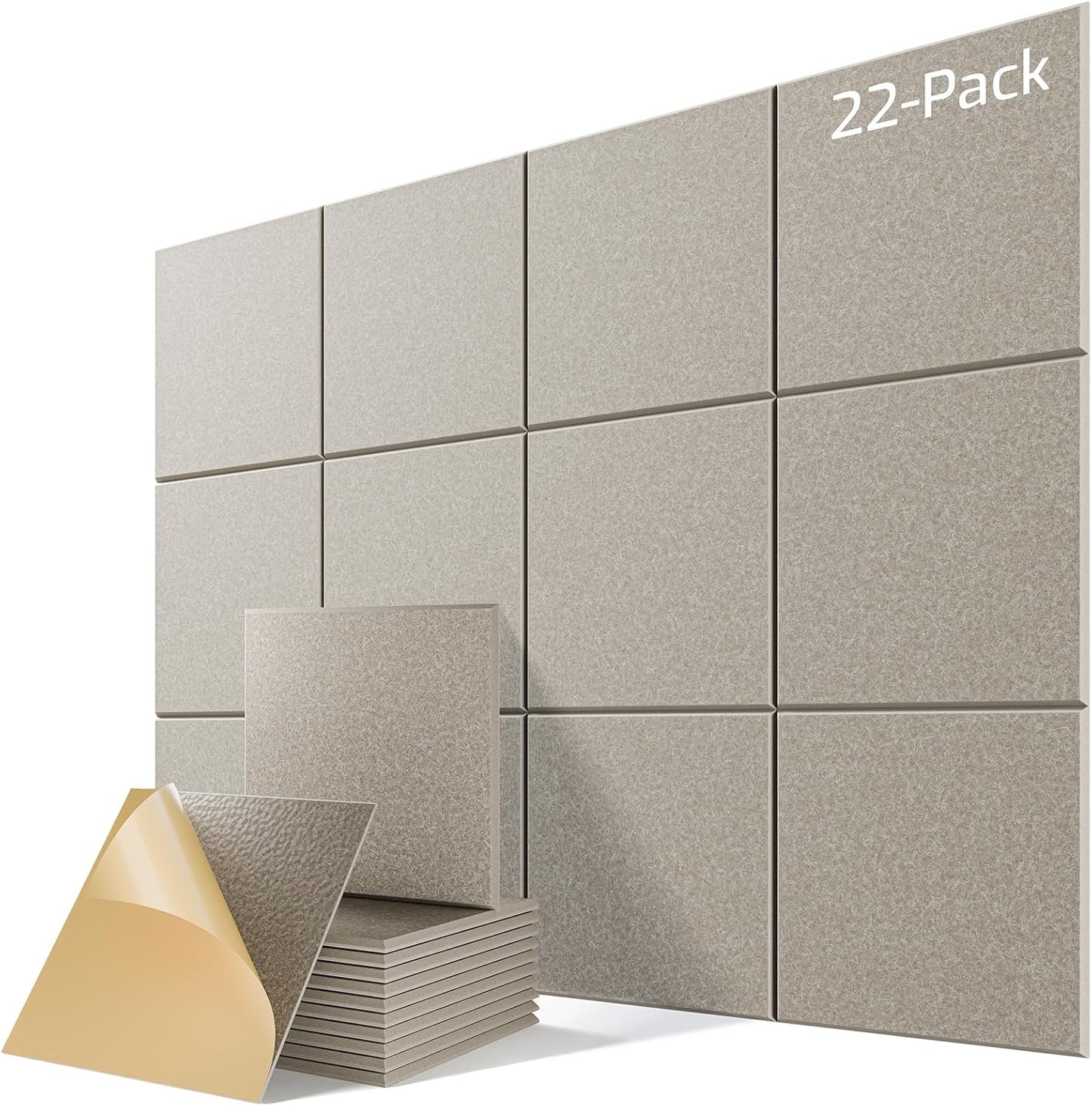 22 Pack Self-Adhesive Acoustic Panels, 12" X 12" X 0.4" High-Density Sound Proof Foam Panels for Walls, Soundproof Wall Panels for Home & Office (Camel)