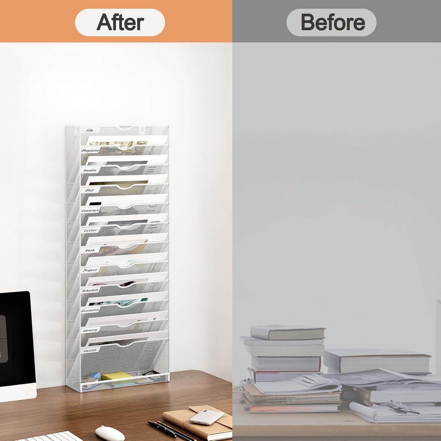 13 Tier Hanging Wall File Holder, Metal A4 Wall Mounted Document Holder, Vertical Hanging Mail Organizer, Magazine Storage Rack with Tray for Office Home Classroom, White