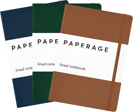 PAPERAGE Lined Journal Notebook, 3 Pack, (Cognac, Dark Green, Navy), 160 Pages, Medium 5.6 in x 8 in - 100 GSM Thick Paper – Hardcover Journaling Notebook for Work, School & Note Taking