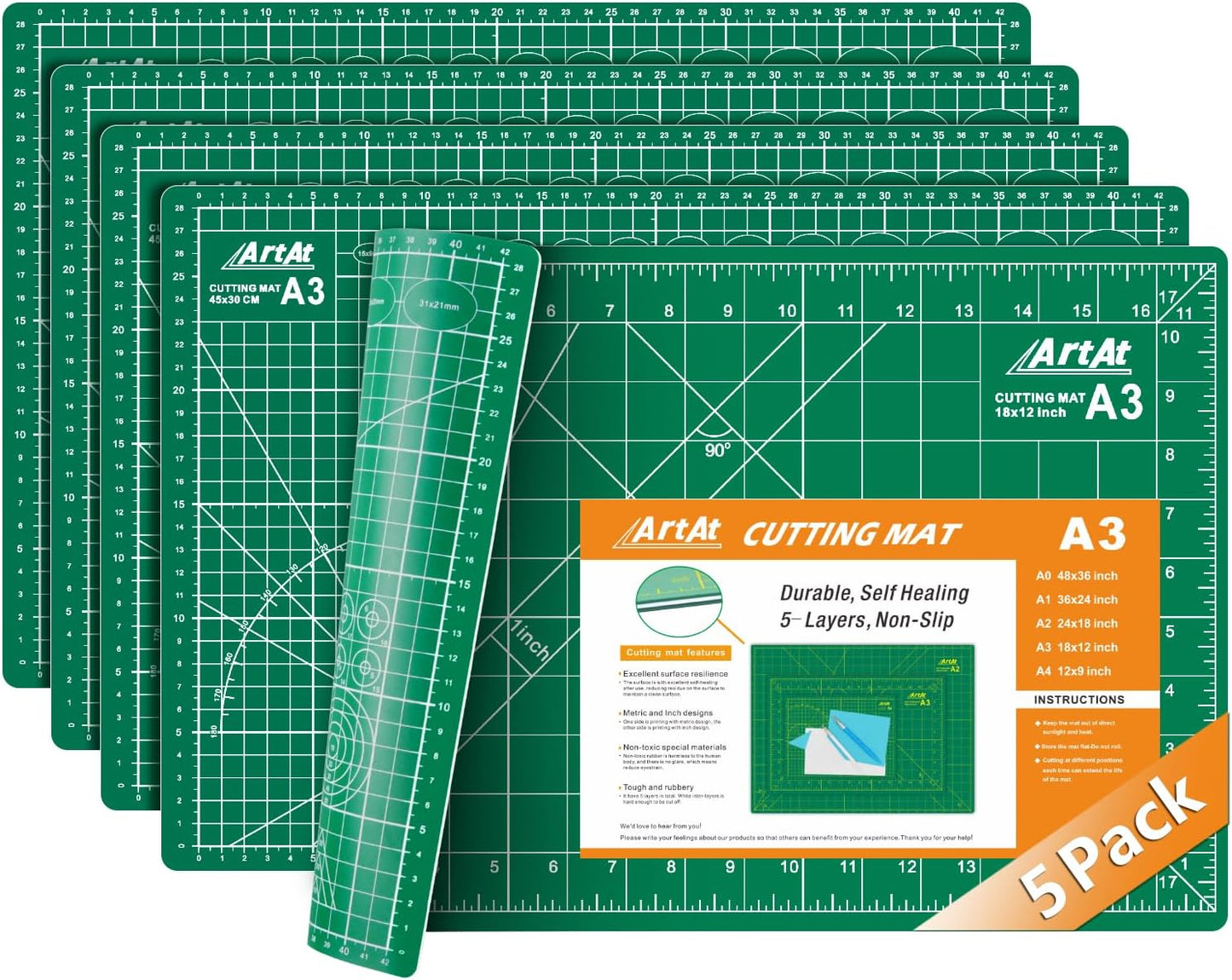 ArtAt Self Healing Cutting Mat: 【5 Pack Cutting Mat 12″x 18″】 Green Double Sided Non-Slip 5 Layers PVC Durable Craft Sewing A3 Mat for Rotary Cutter