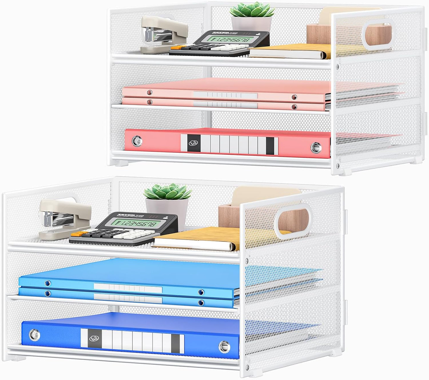 Subekyu 2-Pack 3-Tier White Metal Mesh Desk Paper Letter Tray & File Sorter Organizer with Handle + 1 Sliding Tray for Desk, Home, Office, School Supplies, A4 Paper and Accessories Storage