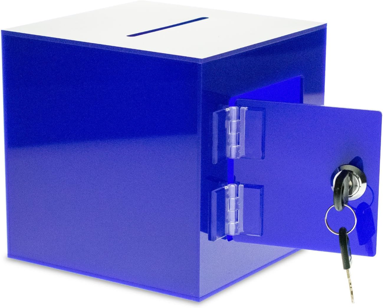 Source One Premium Acrylic Cube Donation Box with Deluxe Rear Open Door and Cam Lock Suggestion Box (12 Inch, Blue)