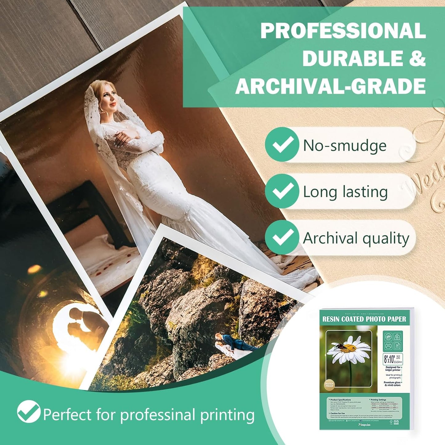 Ultra-Premium Glossy RC Photo Paper, Professional and Heavyweight Metallic Resin Coated Photo Paper, Pigment and Dye Inkjet Printer Suitable, Waterproof, 8x10, 50 Pack