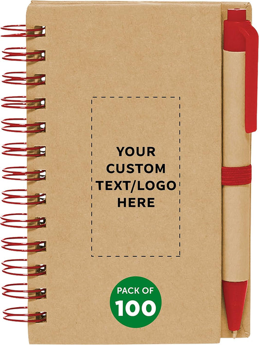 Custom Mini Spiral Notebooks with Black Ink Pens Set of 100, Personalized Bulk Pack - Perfect for School, Office, Business, Home - Red