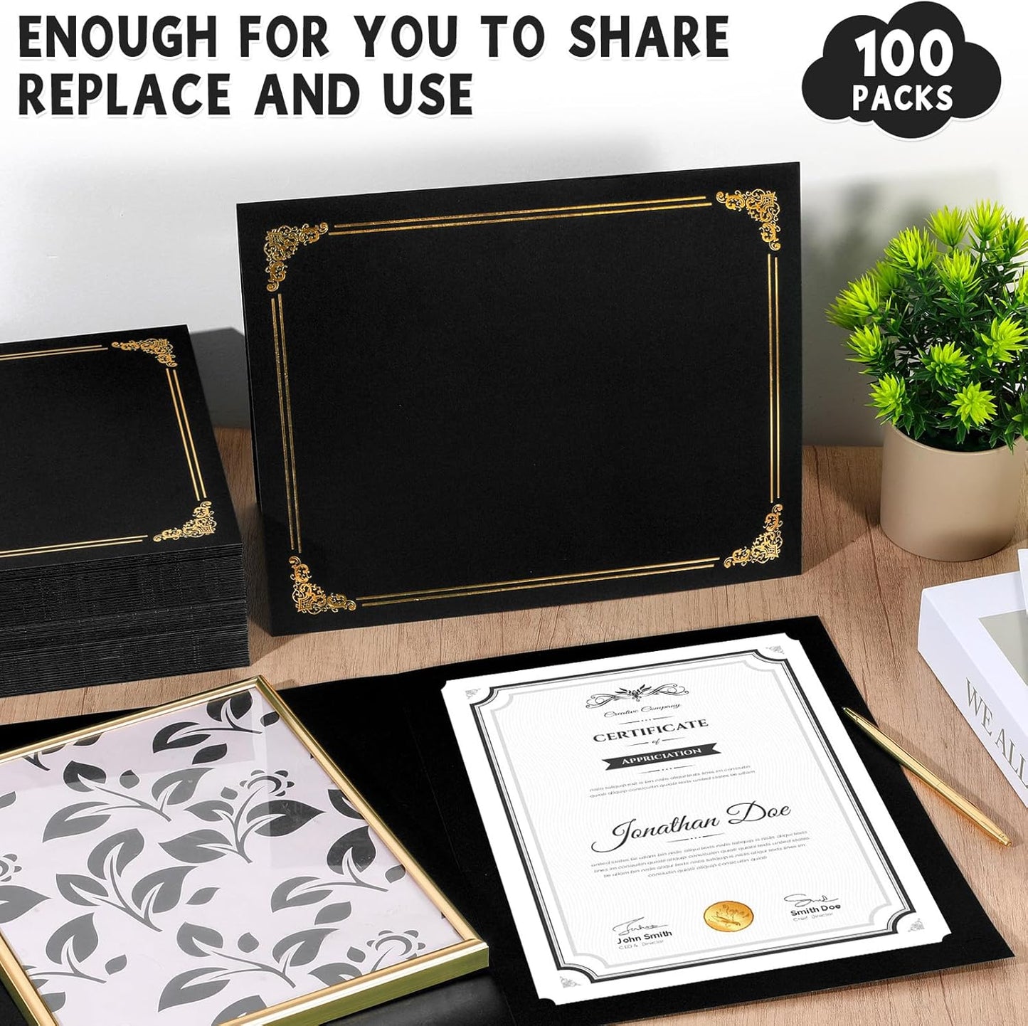 gisgfim 100Pcs Certificate Holders Diploma Covers Single Sided Gold Foil Border Award Certificate Covers for Letter Size 8.5x11 Certificates Cardstock Document Papers Storage Organizer (Black)
