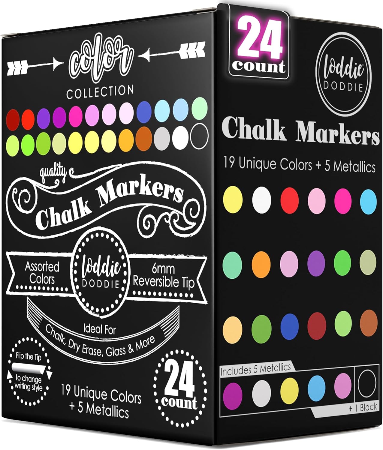 Loddie Doddie Chalk Markers - 24-Pack, 6mm Reversible Bullet & Chisel Tip - Dust-Free, Erasable Liquid Chalk Markers - Versatile for Windows, Glass & Chalkboard Surfaces