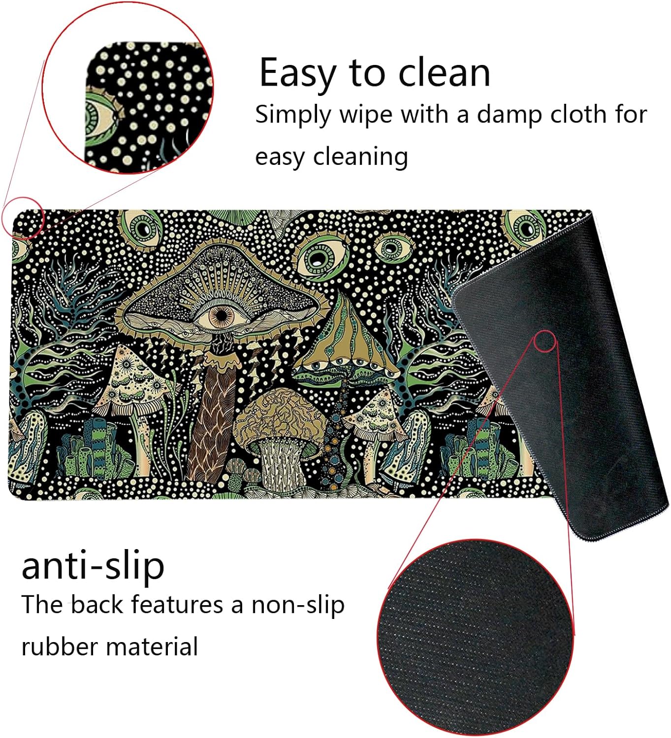 Boho Mushroom Floral Mouse Pad,Dark Green Cottagecore Mushrooms Desk Mat,XL Large Magic Vintage Boho Desk Mat,Summer Style Mouse Pads,for Dorm Home Office Desktop Decor Art,31.5x11.8 Inch