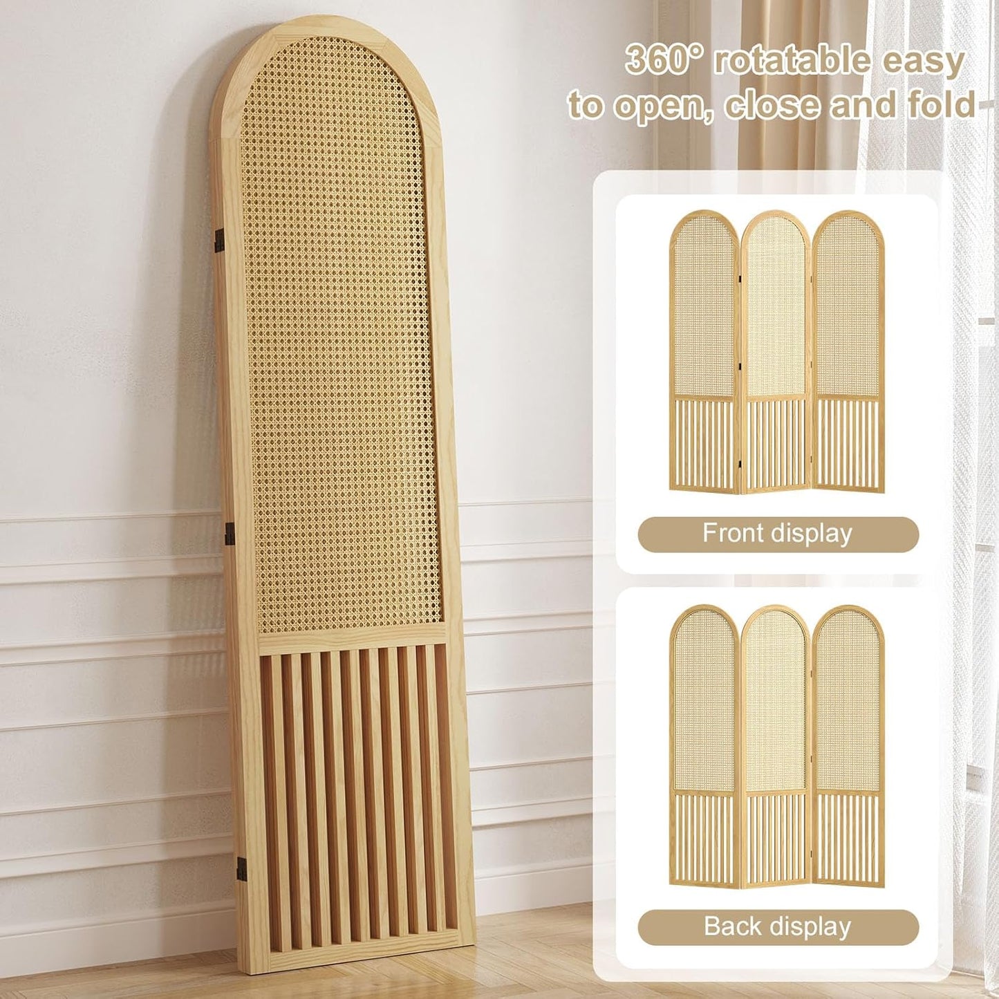 3-Panel Hand-Woven Rattan Room Divider, Tall Foldable Privacy Screen with Wooden Frame - Freestanding Portable Partition for Home Office, Bedroom, Bathroom(Natural-Pine)