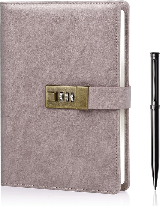 WEMATE Diary with Lock, A5 PU Leather Journal with Lock 240 Pages, Vintage Locks Journal Password Notebook with Pen, Locks Diary Planner Organizer for Men and Women, 8.6x5.8in Pink