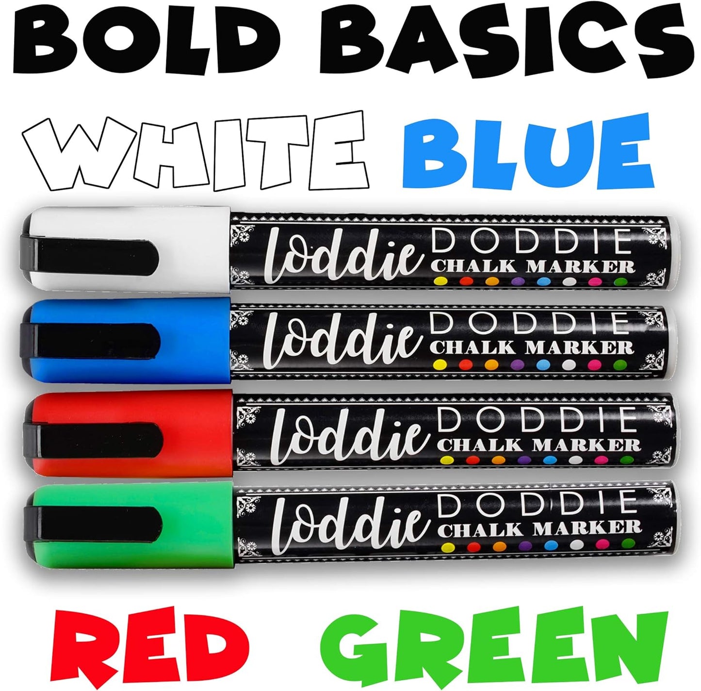 Loddie Doddie Liquid Chalk Markers - 4-Pack Basic Colors 6mm Reversible Tip - Erasable Multi-Surface Chalkboard & Window Markers for Glass Washable