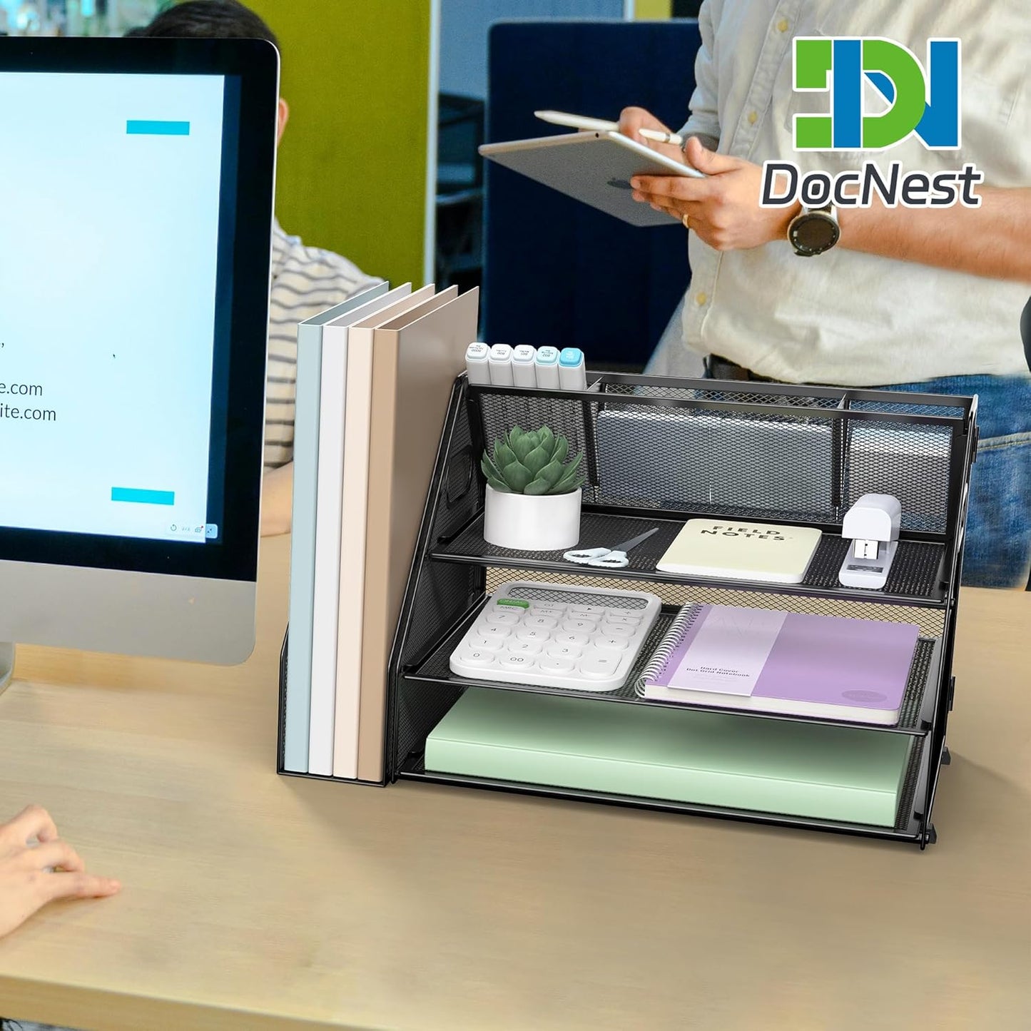 DocNest 3 Tier Paper Letter Tray, Metal Mesh Desk Organizer with Handle Builtin Pen Holder Space Saving Desktop File Storage for Office Supplies Black