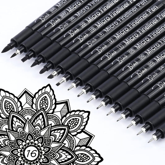 KERIFI Micro Fineliner Drawing Pens for Artists, 16 Black Fine Liner Markers, Waterproof Archival Ink Multiliner Pens, Technical Mandala Zentangle Book Accessories, Art Supplies Stuff Gifts for Adults