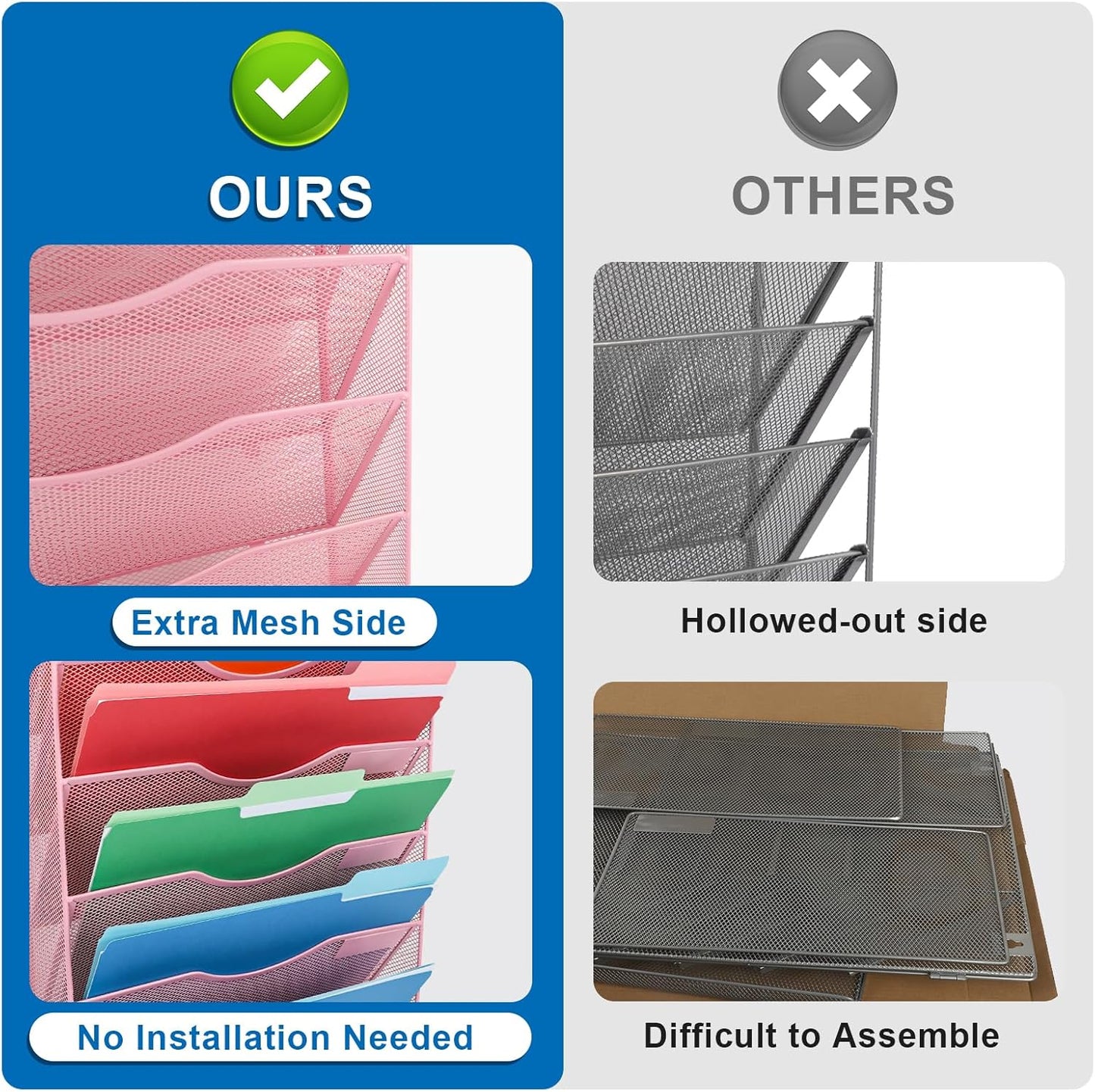 EASEPRES 8 Pocket Mesh Hanging Wall File Organizer, Wall Mounted Mail Paper Document Folder Holder, Clipboard Storage Organization Magazine Rack with Nametag Label for Office Home School, Pink