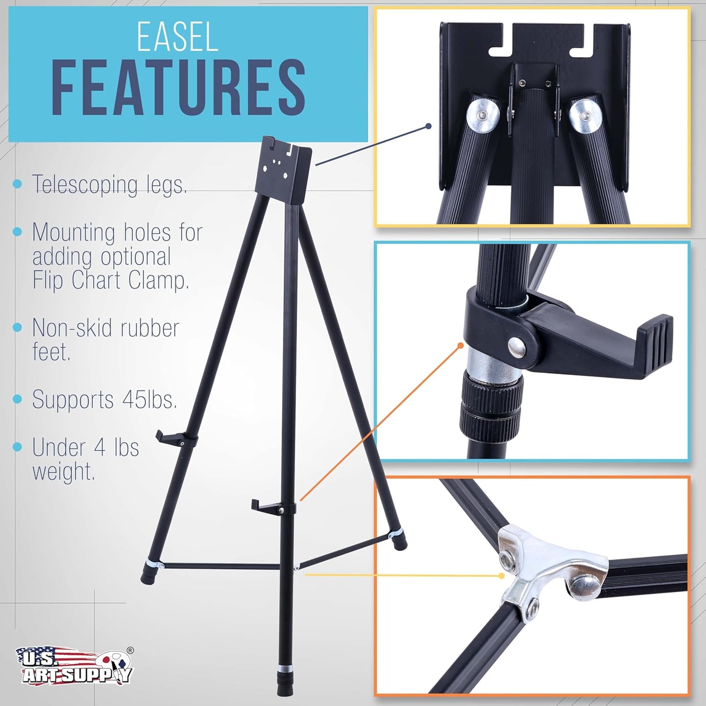 U.S. Art Supply 70" High Showroom XL Silver Metal Display Easel - Large Adjustable Height Portable Easel Stand, Sign Display, Holds 45 lbs - Floor & Tabletop Easels, Painting Stand