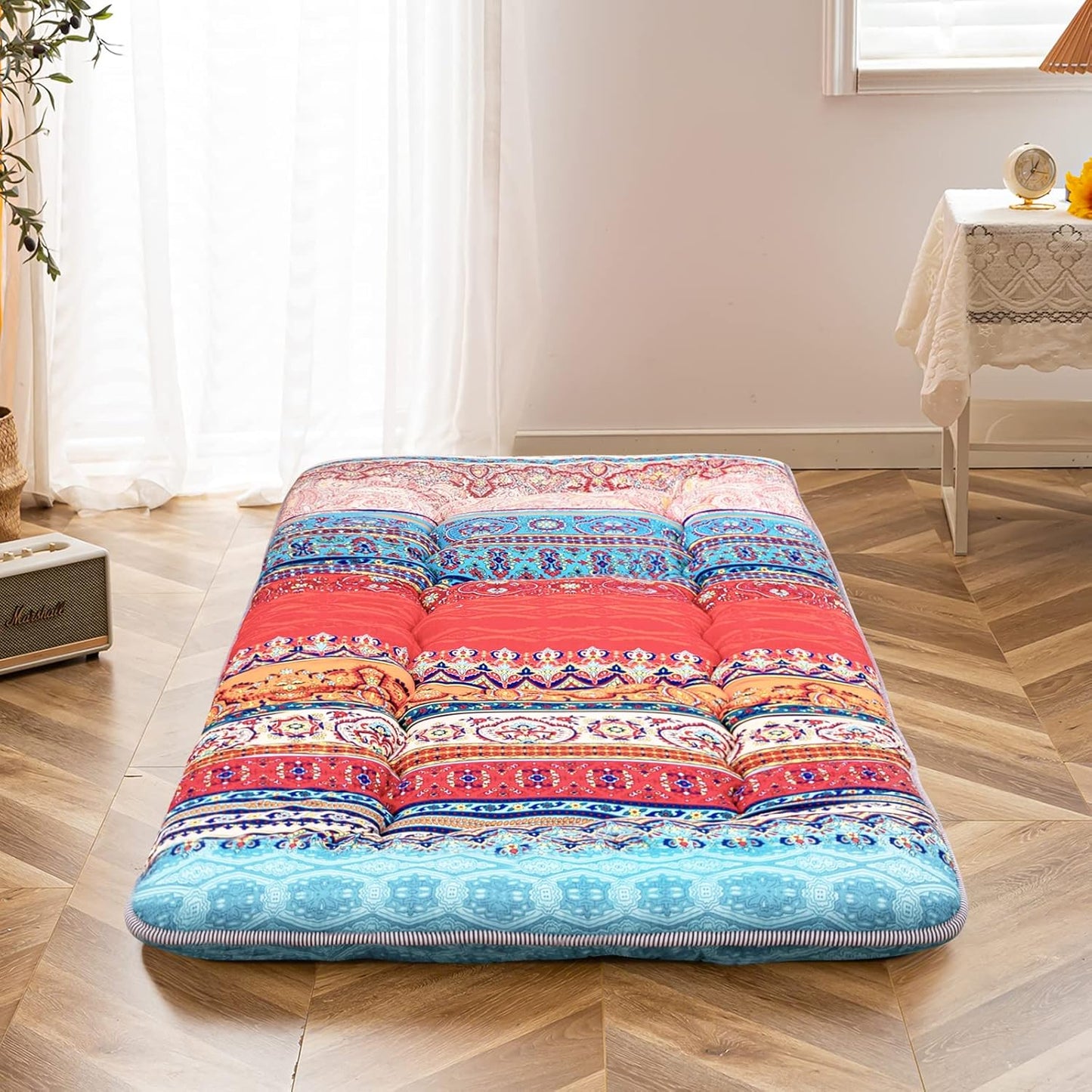 MAXYOYO Cot Mattress Bohemian Floor Bed, Japanese Floor Mattress Narrow Twin Futon Single Bed for Adults, Foldable Futon Roll Up Mat for Camping