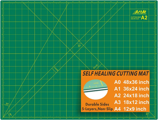 ArtAt Self Healing Cutting Mat: 18″x 24″ Green Double Sided, Non-Slip 5 Layers PVC Durable A2 Sewing Craft Mat for Rotary Cutter, Use for Quilting, Scrapbooking and Craft & Art Projects…