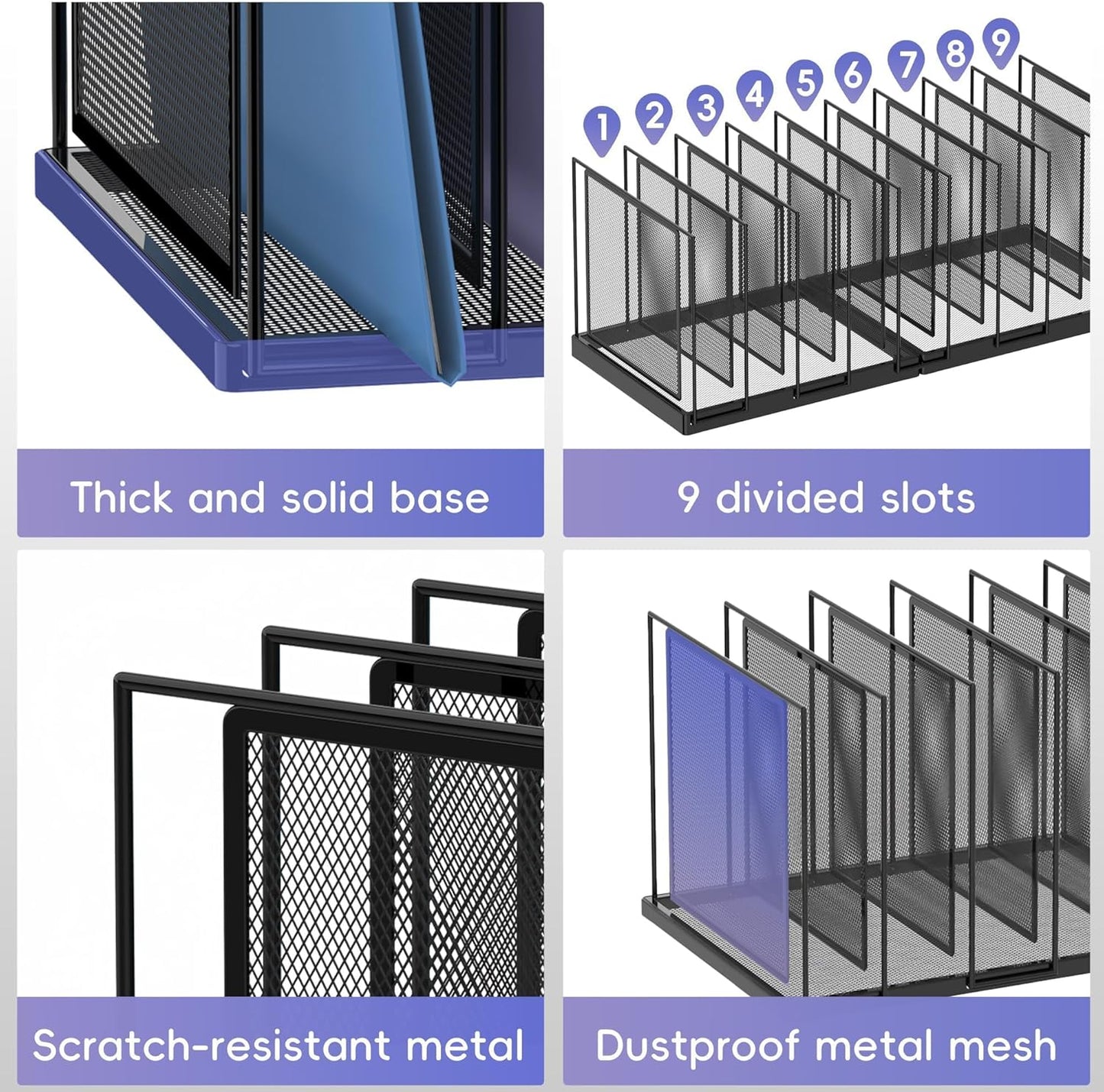 9-Section Desk File Organizer, Vertical File Holder, Mesh Desktop File Folder Metal File Organizer Stand for Office Home Classroom, Black, 2 Pack