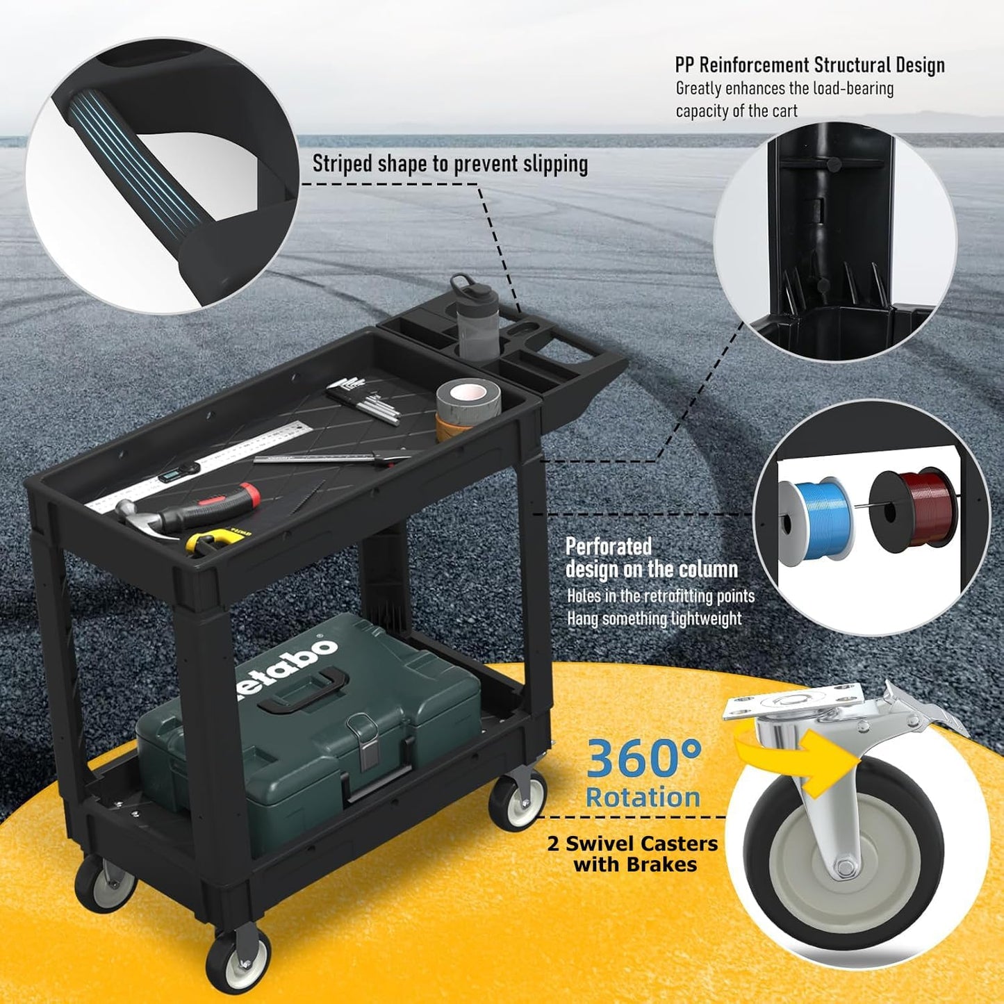 Utility Rolling Tool Cart, 40 x 17-Inch Plastic Rolling Carts Huge Storage W/Deep 2-Shelf Heavy Duty Service Carts with Wheels,550 lbs Capacity Organizer for Garage,Warehouse,Workshop-Medium