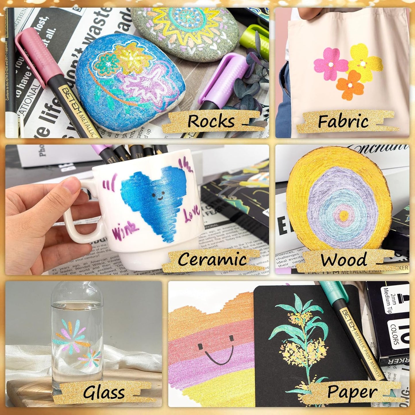 Betem Metallic Paint Markers, 10 Colors Acrylic Paint Markers for Black Paper, 2mm Medium Tips Metallic Glitter Pens for Scrapbooking, Rock Painting, Greeting Cards, Photo Albums, DIY Art Crafts