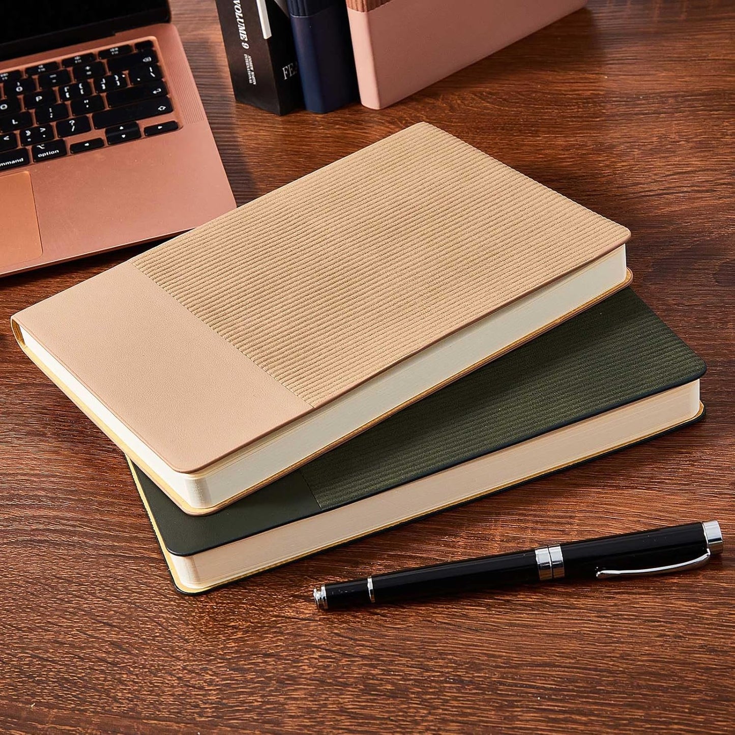 Lined Journal Notebook for Work College Ruled Note Book 5.79"x8.27" A5 PU Leather Daily Journaling 216 Pages for Women Men Writing Home School Supplies Business (A5 Lined 216pages, 2 Pack-Khaki/Green)