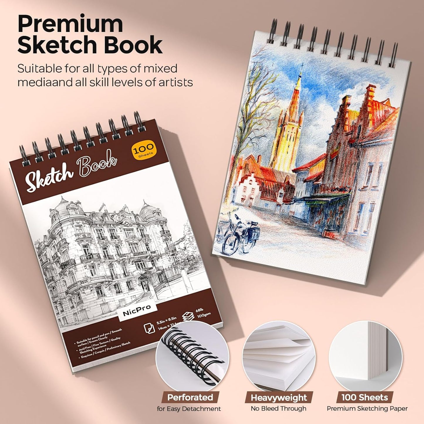 Nicpro 58 PCS Art Drawing Supplies Kit in Leather Case, Art Mechanical Pencil Set with Metal Drafting Pencil 0.3 & 0.5 & 0.7 & 0.9 & 2mm, 12 Micron Pen, Sketch Book, 30 Tube Lead Refills for Sketching