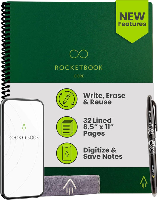 Rocketbook New Core Reusable Spiral Notebook, Letter Size 8.5x11, Green - Lined Pages, App-Connected, Erasable, Durable Cover, Ideal for School, Work, and Creative Projects