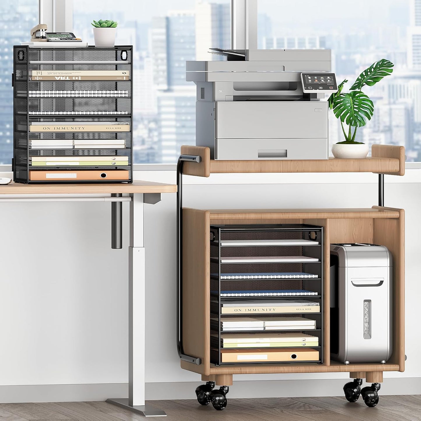 SUBEKYU 9 Tier Paper Organizer for Desk - Black Metal Mesh Letter Tray File Paper Sorter Organizer Include 6 Pcs Adjustable Height Slid Tray with Handles for Office School Home Organization Storage