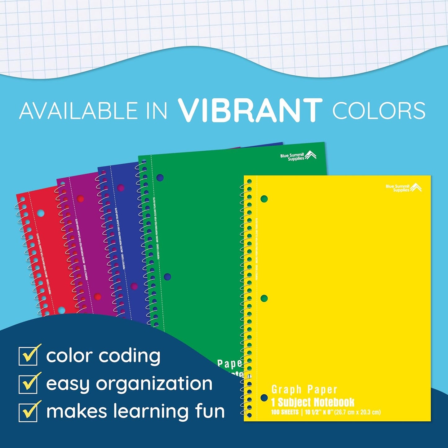 Blue Summit Quad Ruled Notebook, Paper Quad Ruled Spiral Notebook 8x10.5, 4x4 Square Grid for Math, College, Work, School, and Lab, Graphing Paper, 100 sheets, 12 Pack