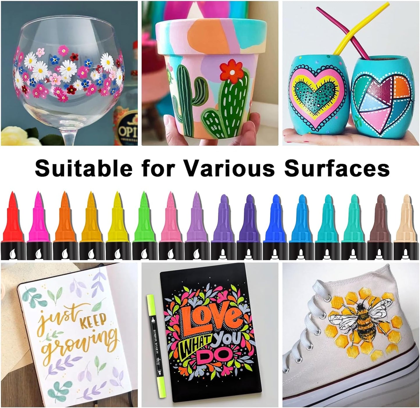 24 Colors Acrylic Paint Pens, Dual Tip Pens With Fine Tip and Brush Tip for Rock Painting, Ceramic, Wood, Plastic, Calligraphy, Scrapbooking, Brush Lettering, Card Making, DIY Crafts