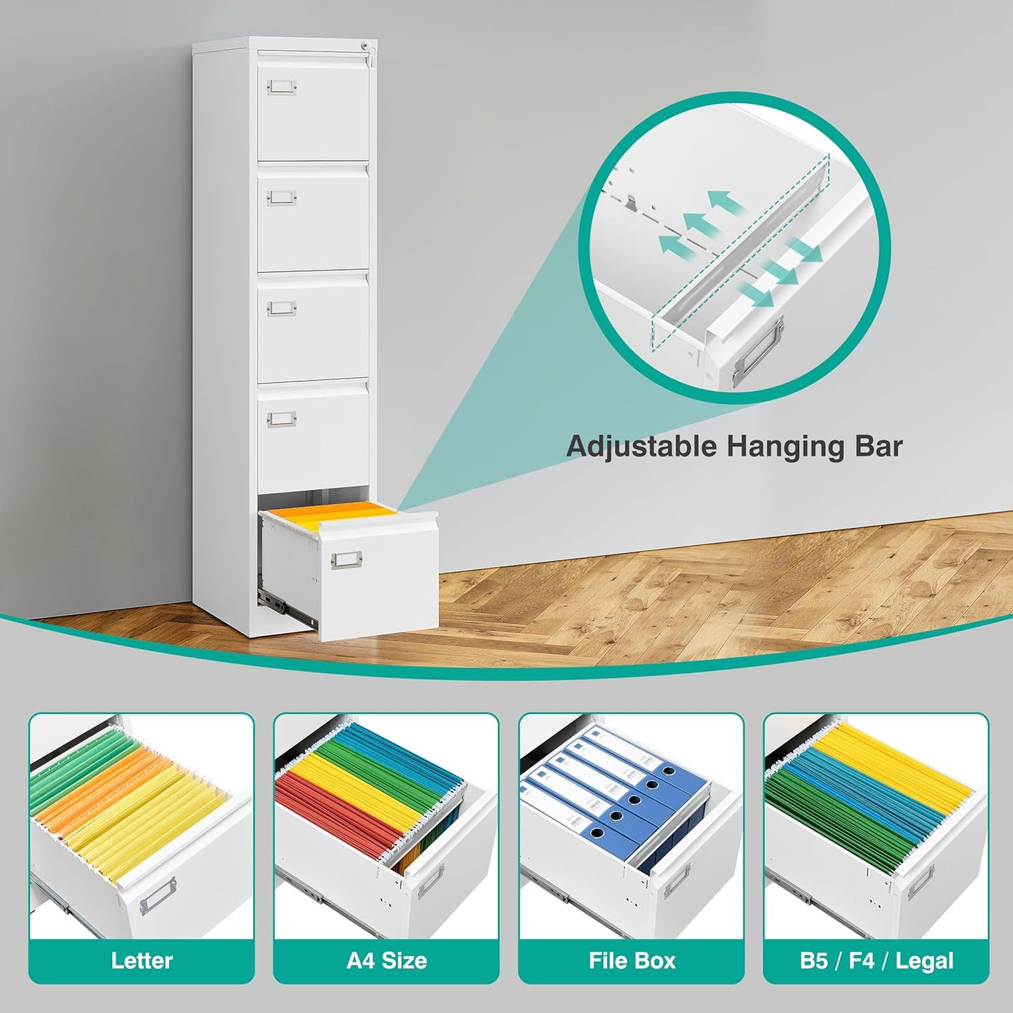 SISESOL 5 Drawer File Cabinet with Lock,Tall Vertical File Cabinet Five Drawer,15" Narrow Office Filing Cabinets,White Metal File Cabinets for Home Office,Fit A4,Legal,Letter Size,-Assembly Required