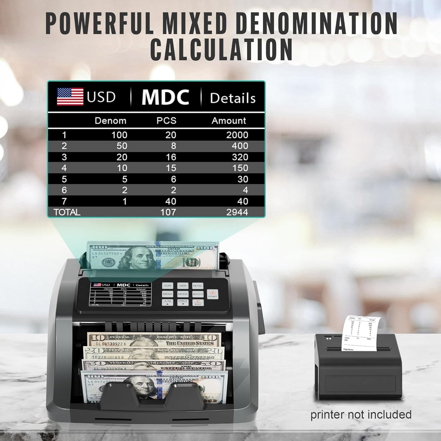 [Upgrade] 2025 YICHOING Mixed Denomination Money Counter Machine, Value Counting, UV/MG/IR/DD Counterfeit Detection, 3.5" TFT Display Cash Counting Machine, Printer Enabled Bill Counter for Business