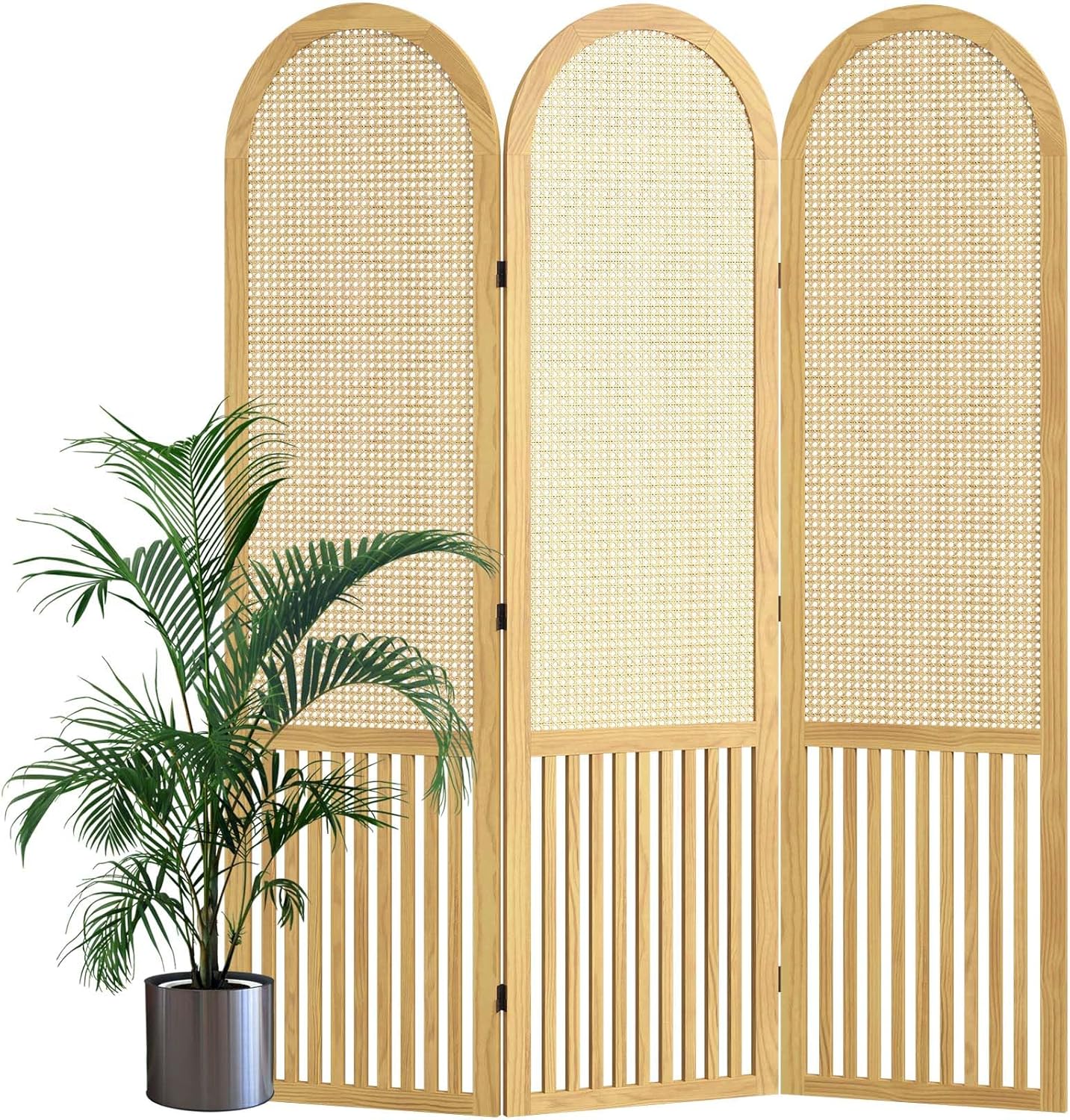 3-Panel Hand-Woven Rattan Room Divider, Tall Foldable Privacy Screen with Wooden Frame - Freestanding Portable Partition for Home Office, Bedroom, Bathroom(Natural-Pine)