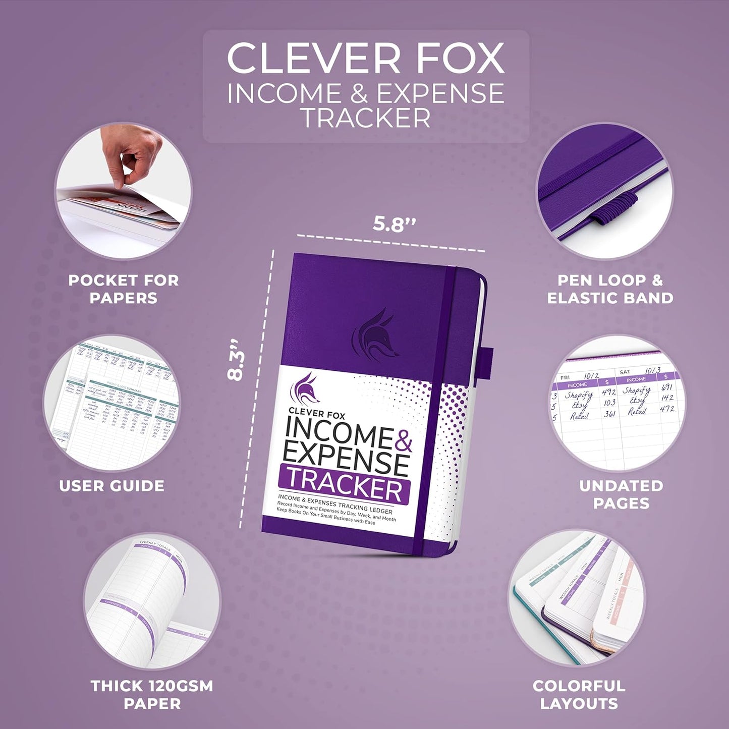 Clever Fox Income & Expense Tracker – Accounting & Bookkeeping Ledger Book for Small Business – 1-Year Record Notebook, A5 (Purple)