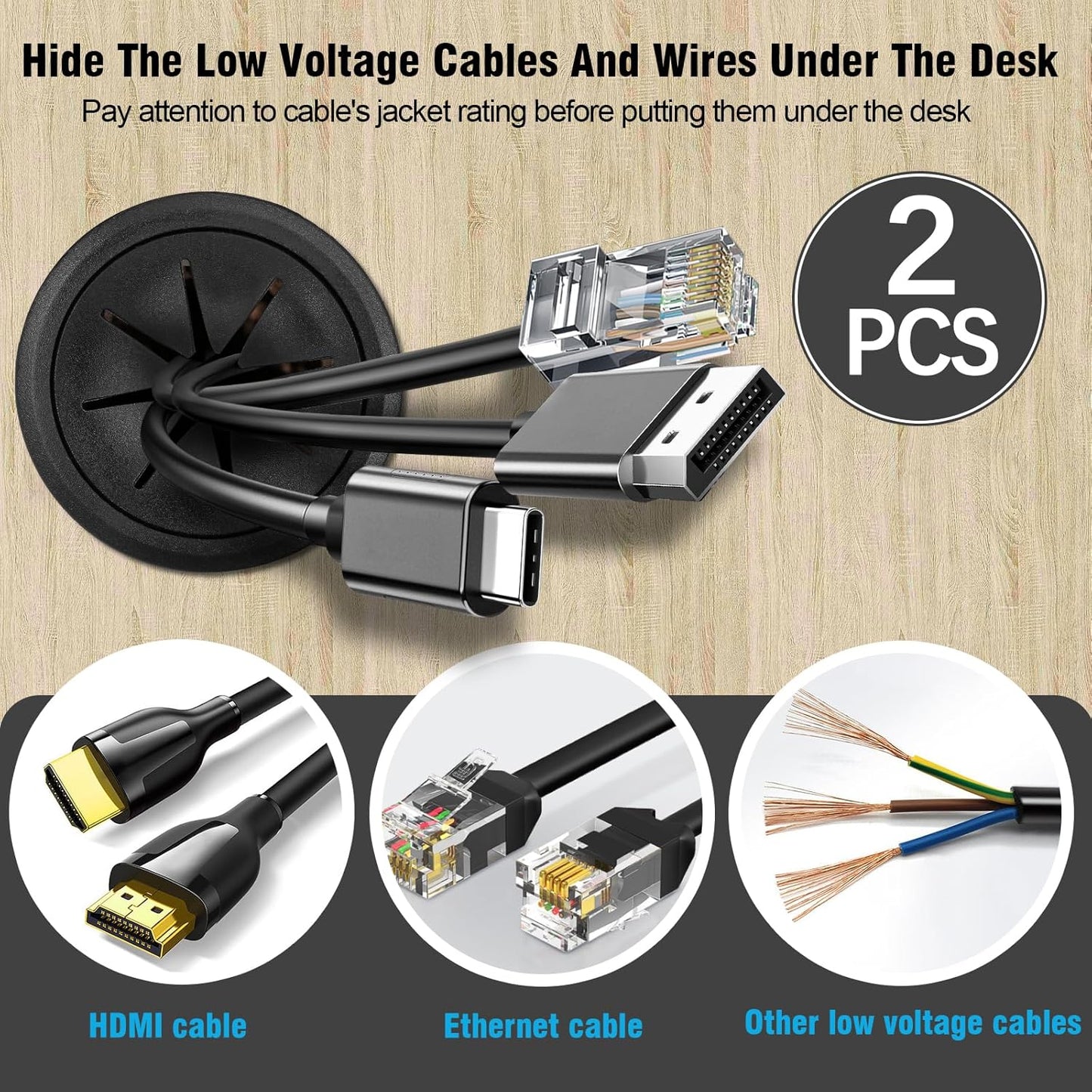 2" Black Desk Grommet, JTemgle Flexible Cable Grommet Plastic Cable Hole Cover Wire Organizer Caps Desktop Cord Management for Home Office TV Stands Tabletops, 2 Pieces