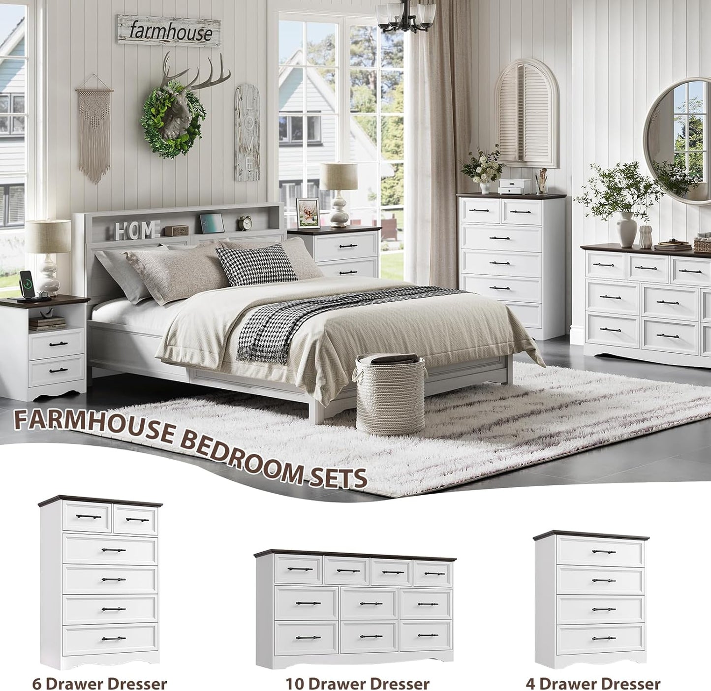 White Dresser for Bedroom, Farmhouse 10 Chest of Drawers, 59" Wide Chest of Drawers with Brushed Metal Handle, Wood Closet Organizers and Storage Cabinet for Bedroom, Living Room, Hallway