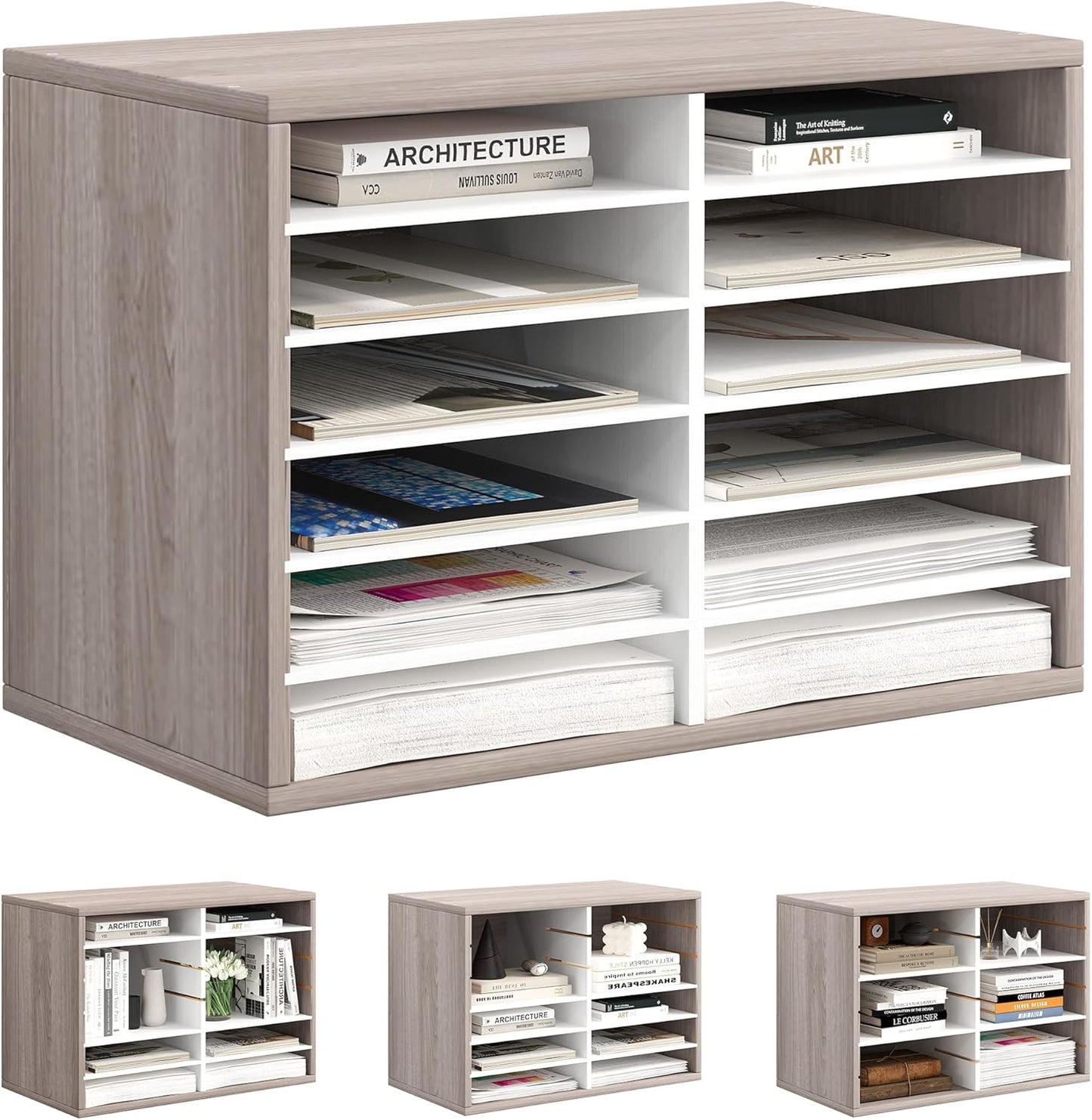 Mail Organizer Countertop, 12 Slots Wooden Desk File Literature Sorter, Adjustable Paper Storage Shelves Document Holder, Space Saving Desktop Mailbox for Office Classroom, Retro Grey/White