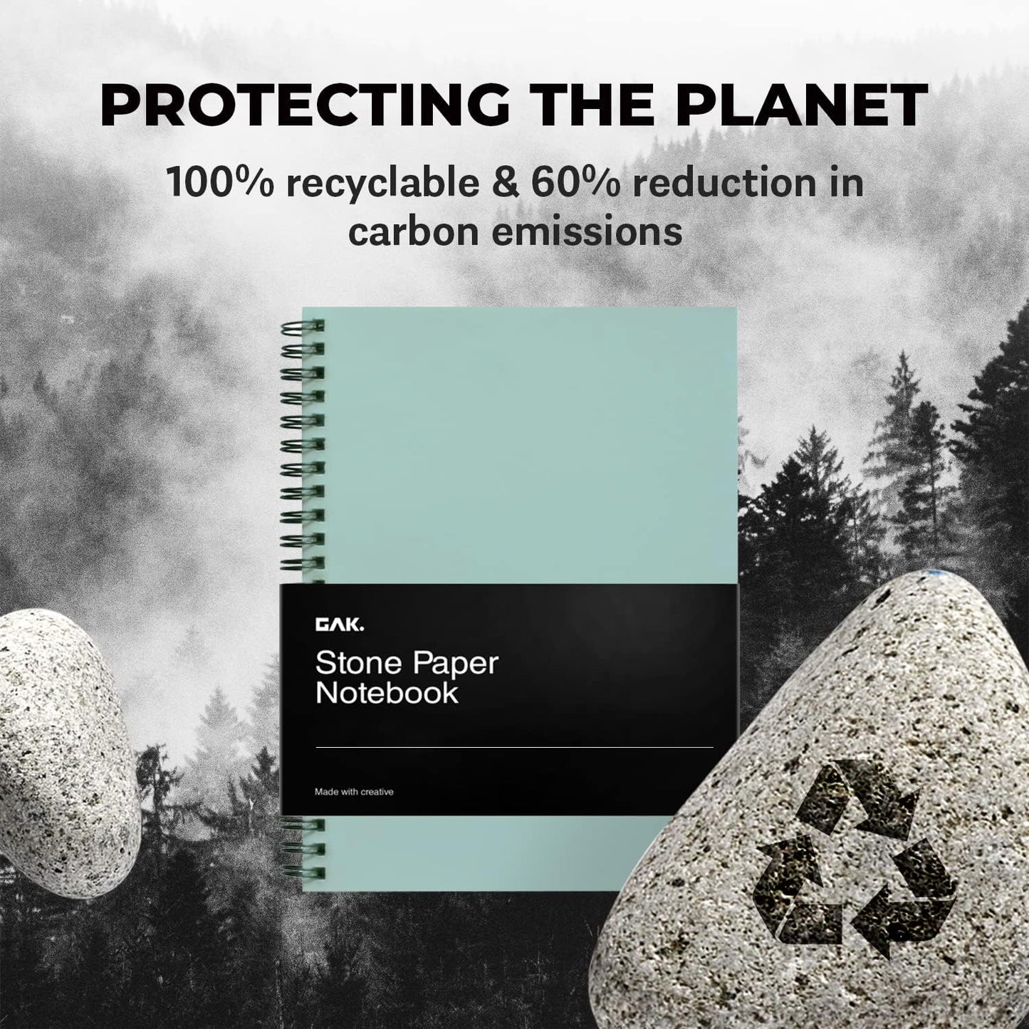 GAK. Stone Paper Waterproof Sheet Spiral Notebook (M Size) – 5.8”x8.3”, 50 sheets, Stone Paper Notebook Journal Note Taking - Waterproof Notepad College Ruled Paper Black Notebook Aesthetic School