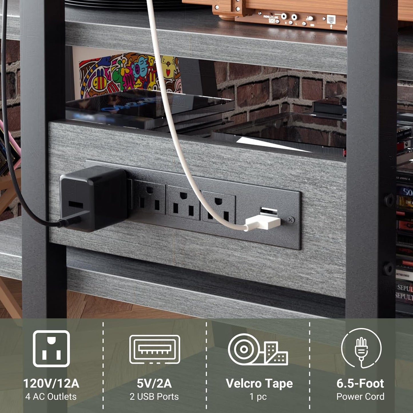 AV Media Stand with Outlets, Stereo Stands and Racks with Vinyl Storage, Stereo Stand with Record Storage, Audio Stereo Rack Cabinet, Turntable Console Stand with LED lights, 4 Tiers, Walnut Grey