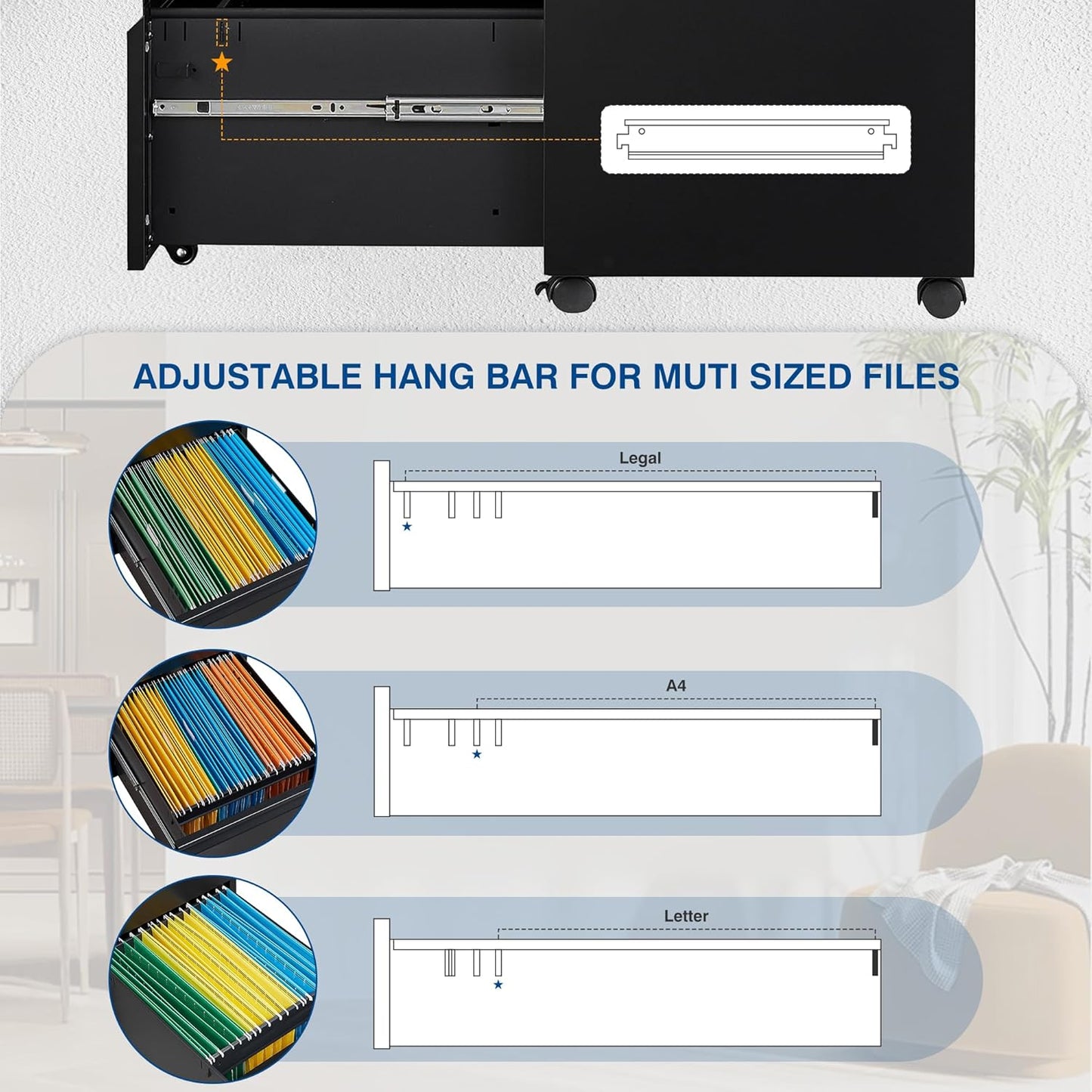 3 Drawer Mobile Metal File Cabinet, Black Filling Cabinets with Lock, Pre-Built Office Storage File Cabinet with Wheels Under Desk - Assembled Required
