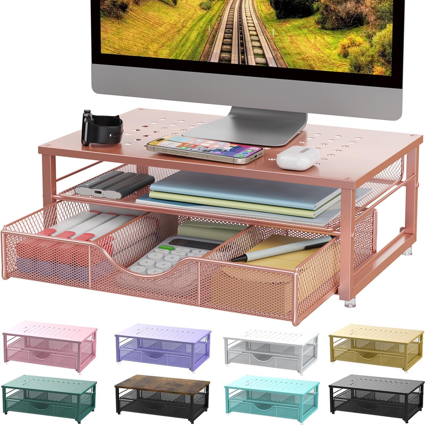 gianotter Computer Monitor Stand Riser, office organizer with Drawer, Office Organizers Storage for Classroom Office Supplies (Rose)