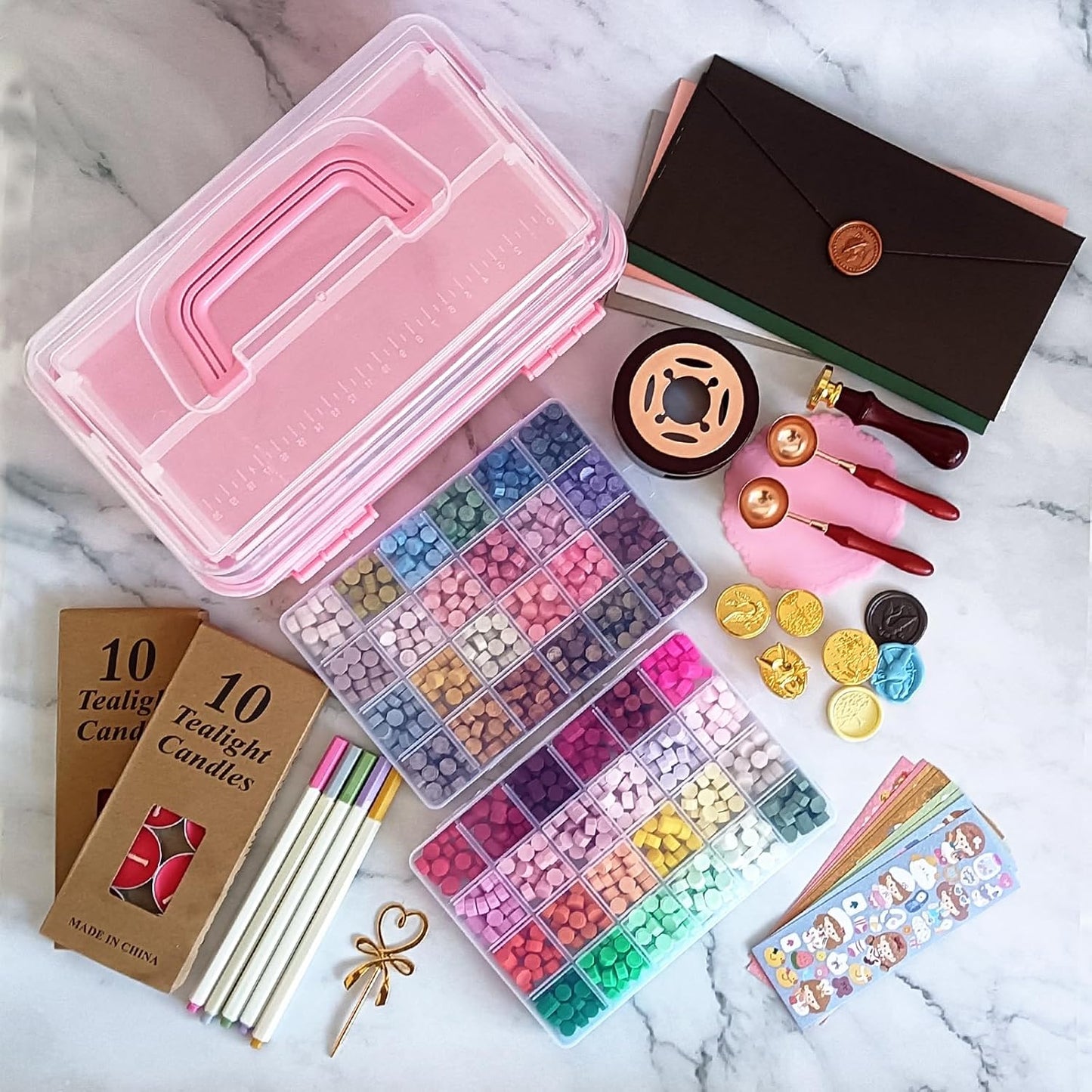 Upgraded Wax Seal Stamp Kit,Wax Seal Kit with Storage Box,48 Color 1200 Pcs Sealing Beads with 4 Pcs Seal Stamps,Warmer,Spoon,Envelopes, Candles, Metallic Pen for Wedding Invitation,DIY Crafts