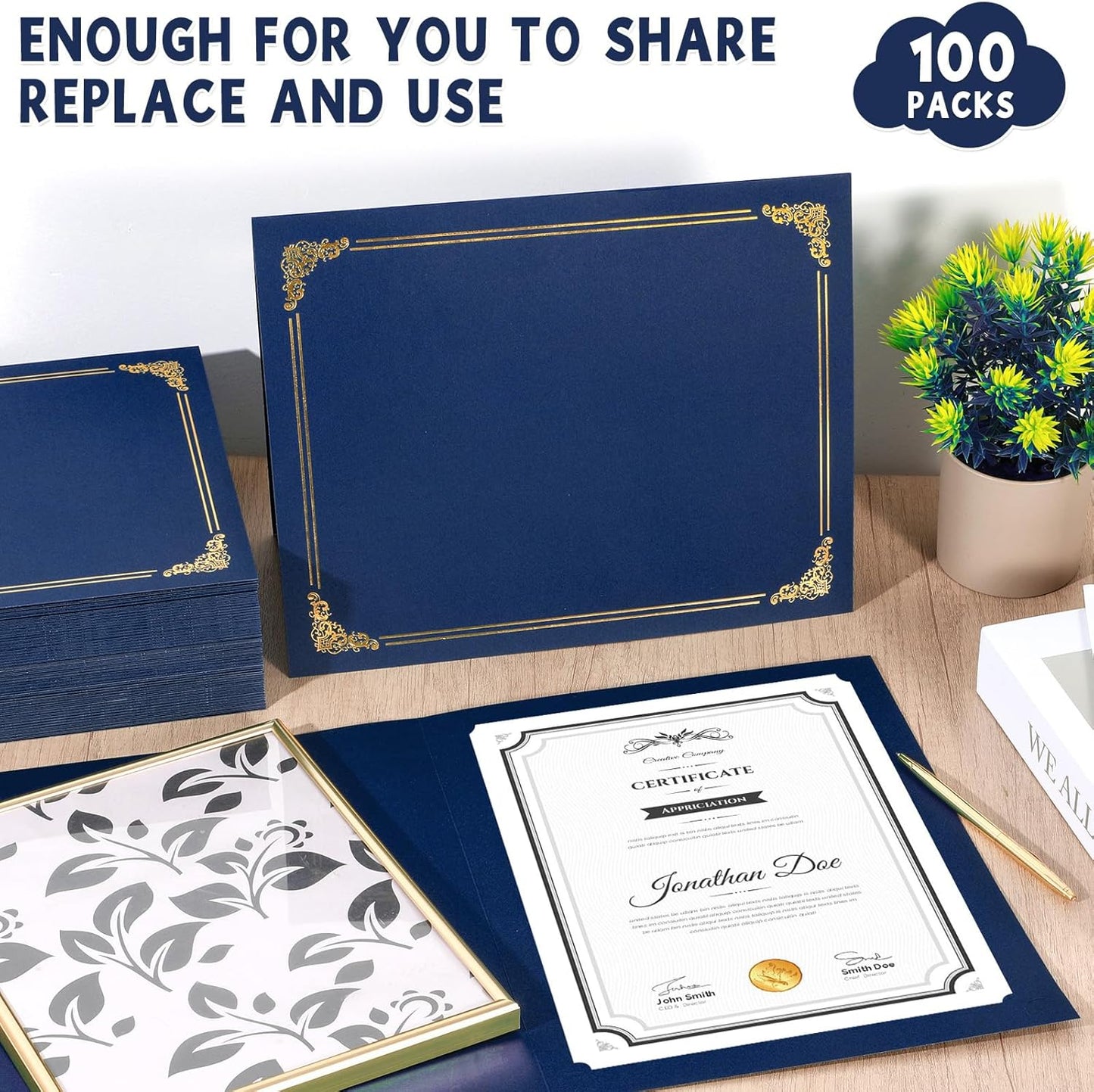gisgfim 100Pcs Certificate Holders Diploma Covers Single Sided Gold Foil Border Award Certificate Covers for Letter Size 8.5x11 Certificates Cardstock Document Papers Storage Organizer (Navy Blue)