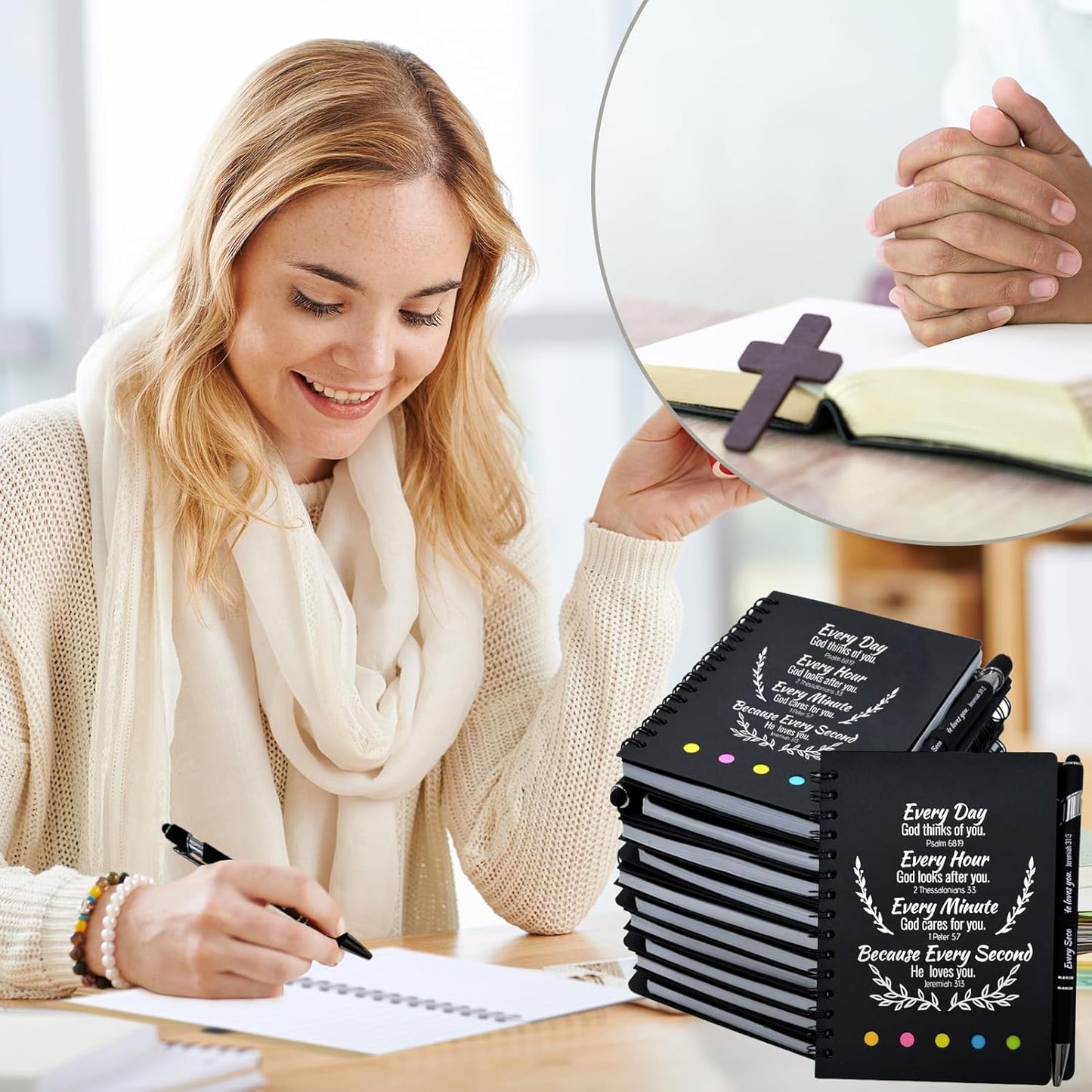 400 Pcs Bulk Christian Gifts Prayer Journal for Woman - 200 Set Religious Notepad with Christian Pen - Bible Notebook - Church Gifts for Inspirational, Bible Study, Devotions (Black)