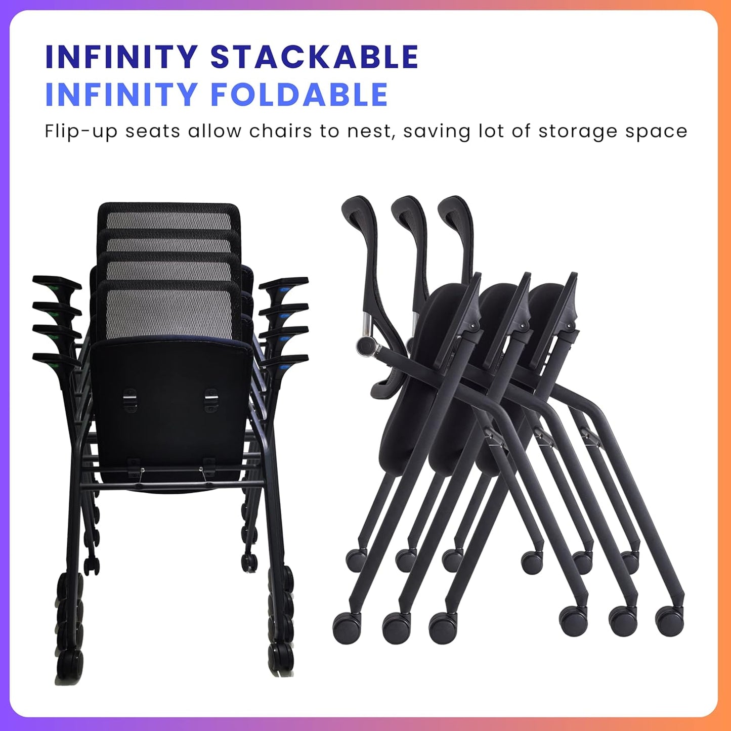 2 Pack Stackable & Foldable Conference Room Chairs with Lumbar Support, Armrest - Ergonomic Mesh Bouncing Back for Office Meeting, Conference, Reception and Training Room Chair