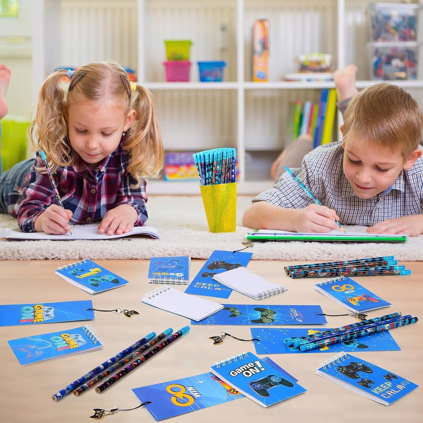 Kolewo4ever 148 Pieces Video Game Theme Stationery Set:100 Pcs Video Game Pencils 24 Pcs Game Pattern Mini Spiral Notepad Memo Pad 24 Pcs Game Metal Charms Bookmarks (Style-2)