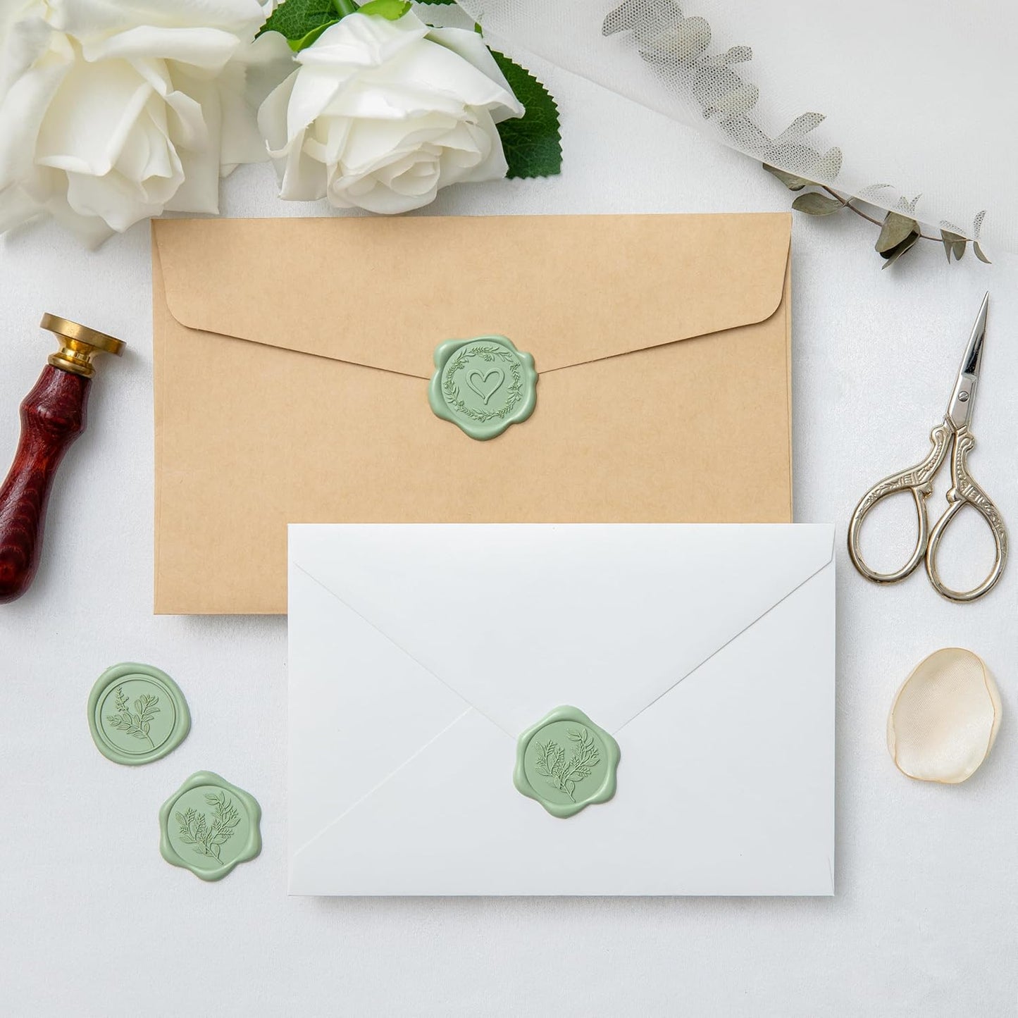 60 Pcs Sage Green Wax Seal Stickers Self-Adhesive Envelope Seals Stamp Stickers, Perfect for Wedding Invitations Seating Chart Christmas Gift Wrapping 3 Designs in 1 Pack